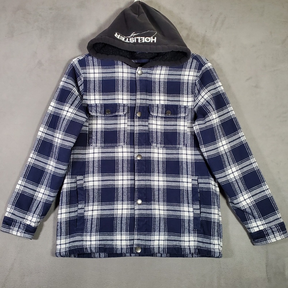 Hollister Shacket Mens S Blue Plaid Hooded Stitched Sherpa Lined Snap Grunge Y2K - Picture 2 of 11